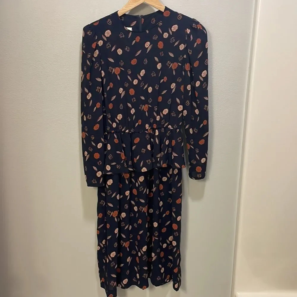 Vintage Vee Vee dark navy blue  semi sheer dress with fall leaves and fl… - Picture 2 of 12